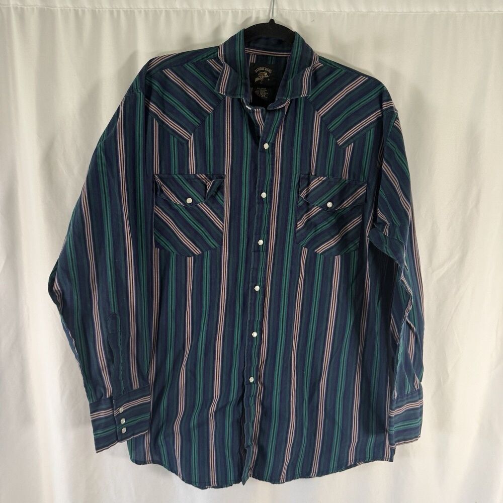 Saddle King Western Pearl Snap Men's 34 15.5 Green Striped Long Sleeve Cotton Bl